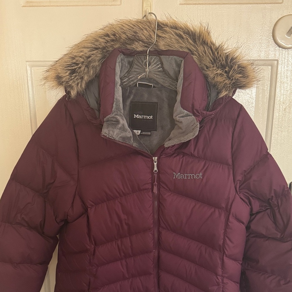 Marmot Purple Montreal Down Puffer Jacket with Faux Fur Trim